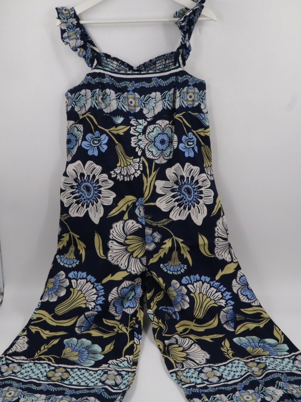 Free People Floral‎ Jumpsuit Womens Small Navy Blue Ruffle Wide Leg Boho Smocked